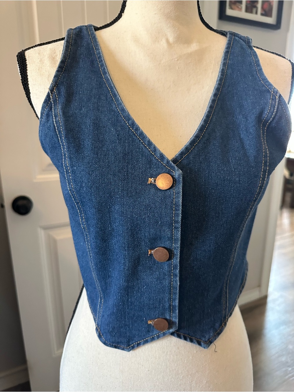 Denim Button-Front Vest in Deep Blue
